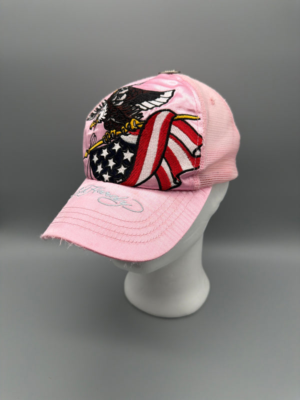 Ed Hardy Y2K "Eagle" Satin Rhinestone Trucker Cap - Pink / Distressed