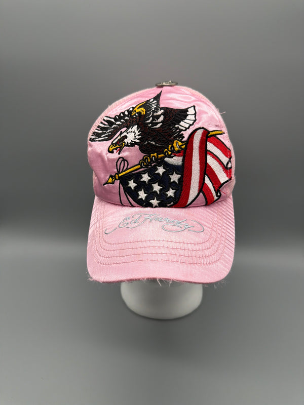 Ed Hardy Y2K "Eagle" Satin Rhinestone Trucker Cap - Pink / Distressed