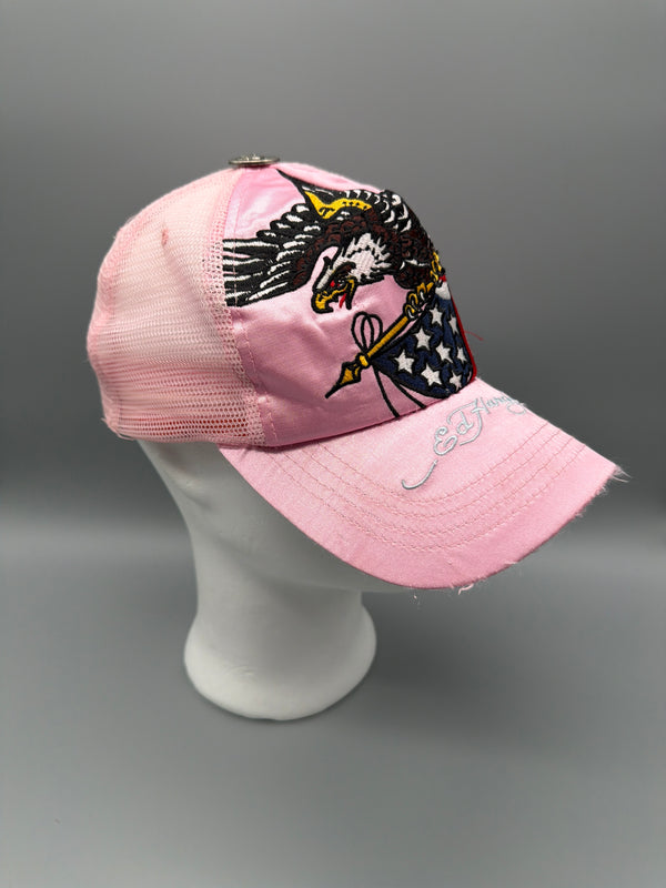 Ed Hardy Y2K "Eagle" Satin Rhinestone Trucker Cap - Pink / Distressed