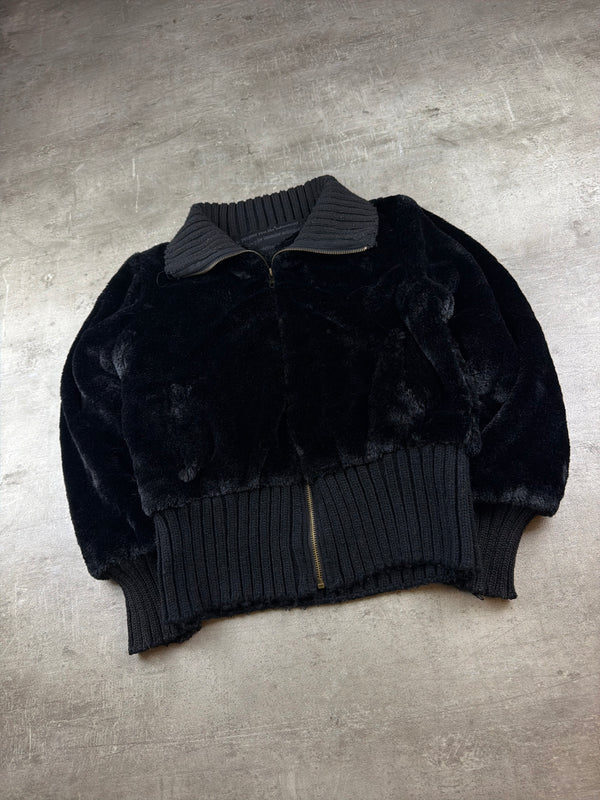 Erika & D Y2K Rhinestone Faux Fur Zip Jacket - Black Cropped