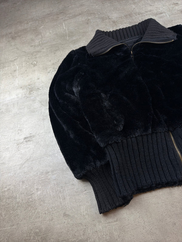 Erika & D Y2K Rhinestone Faux Fur Zip Jacket - Black Cropped