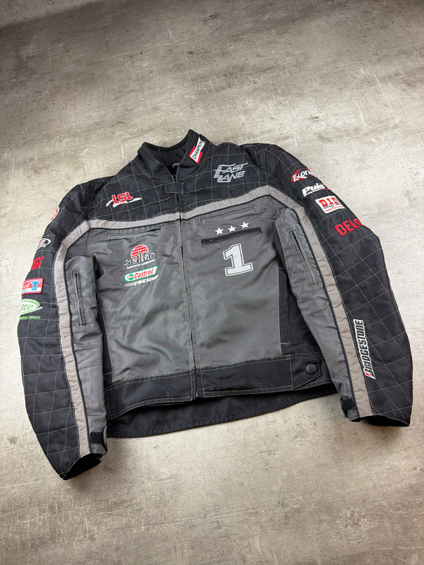 Fast Lane Y2K Racing Patch Motorcycle Jacket - Black / Grey
