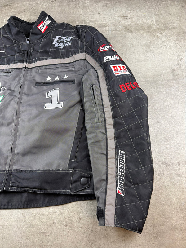 Fast Lane Y2K Racing Patch Motorcycle Jacket - Black / Grey