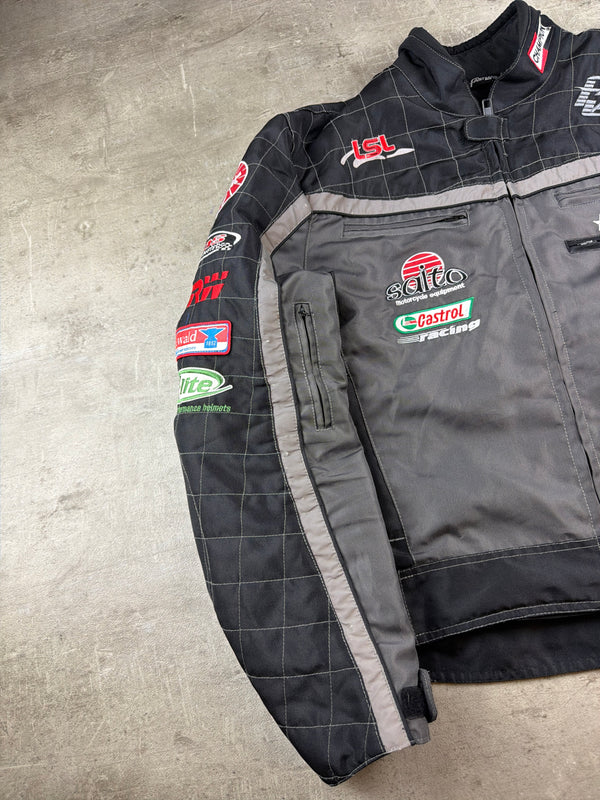 Fast Lane Y2K Racing Patch Motorcycle Jacket - Black / Grey