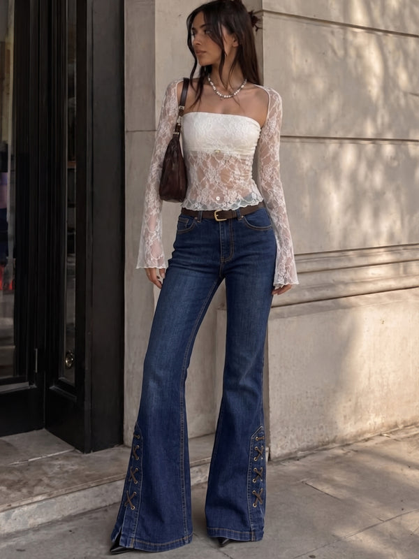 Taifun Collection Archive "Lace-Up" Flare Denim - Dark Blue Wash
