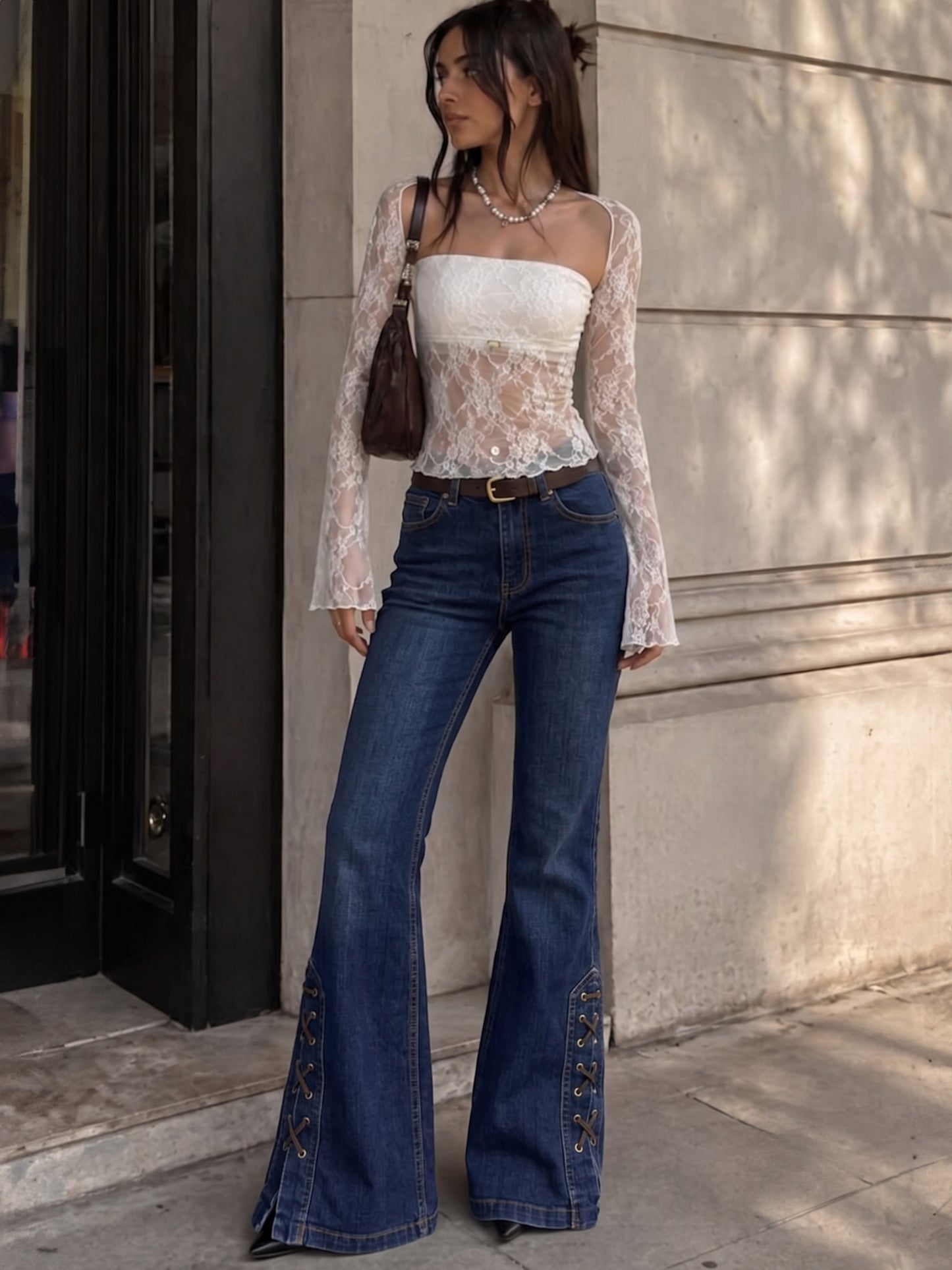 Taifun Collection Archive "Lace-Up" Flare Denim - Dark Blue Wash