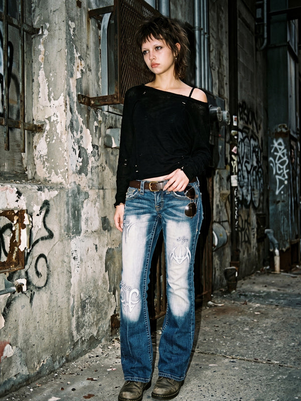 Crazy Age Y2K Tribal Print Bleached Flare Jeans - Blue