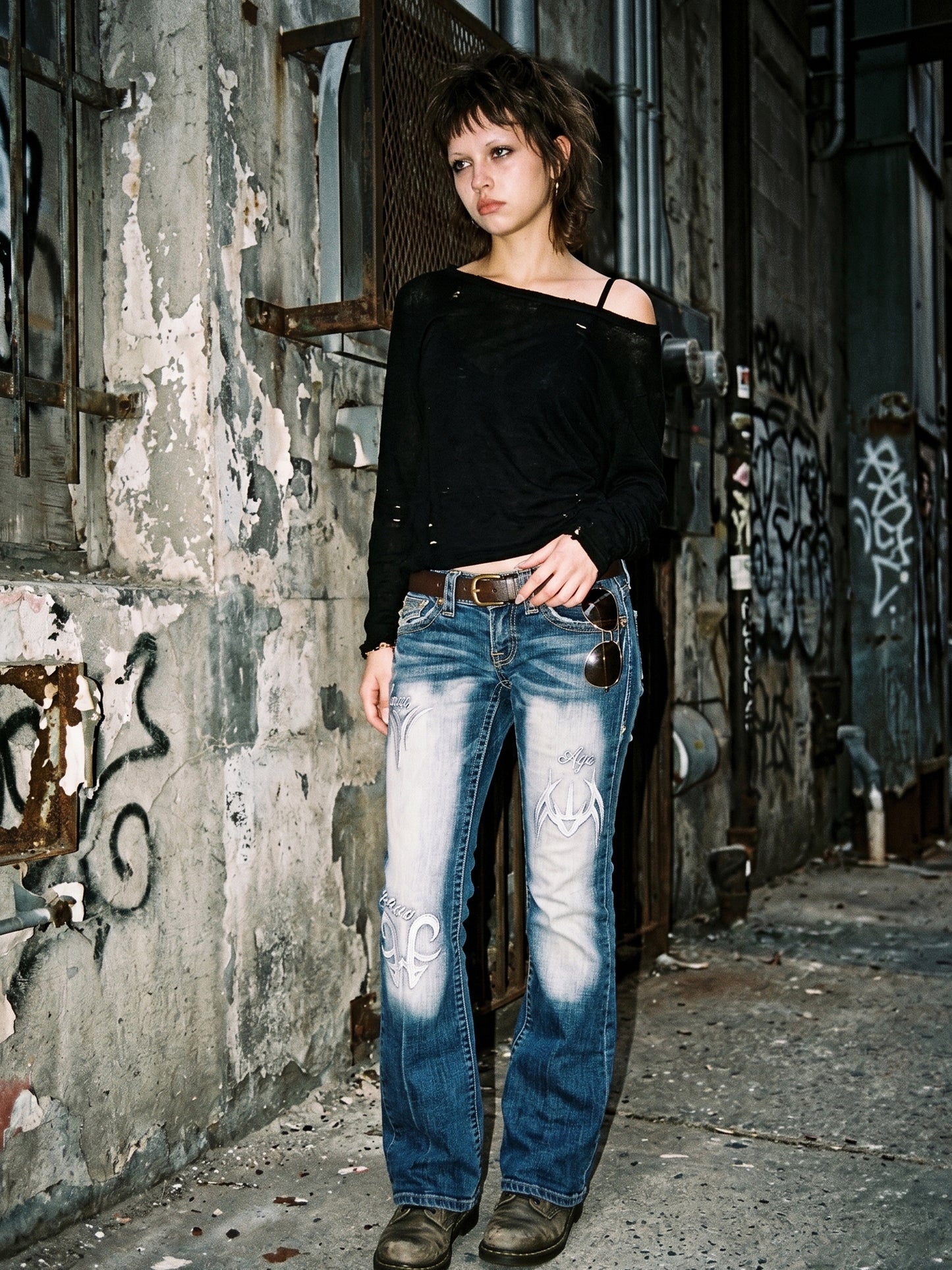 Crazy Age Y2K Tribal Print Bleached Flare Jeans - Blue