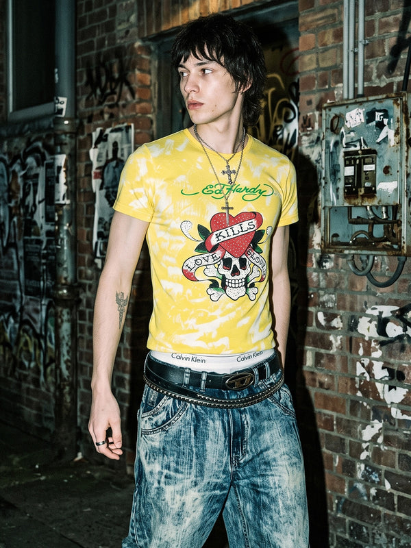 Ed Hardy Vintage "Love Kills Slowly" Graphic Tee - Yellow Wash / Cyber Y2K