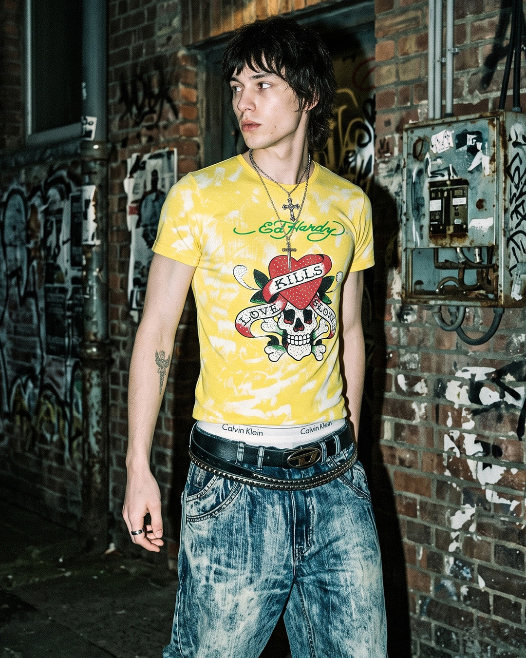 Ed Hardy Vintage "Love Kills Slowly" Graphic Tee - Yellow Wash / Cyber Y2K