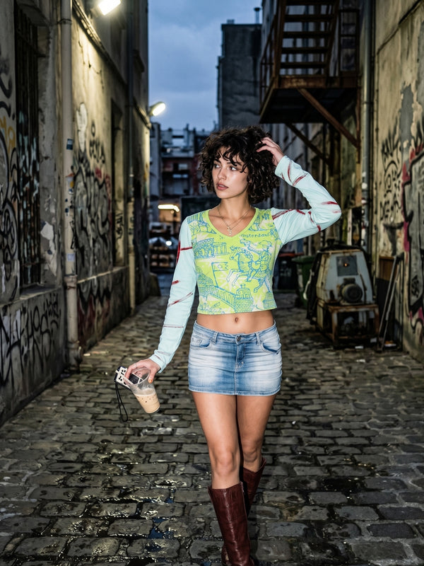Custo Barcelona Archive "Amsterdam" Graphic Longsleeve - Neon Green / Light Blue