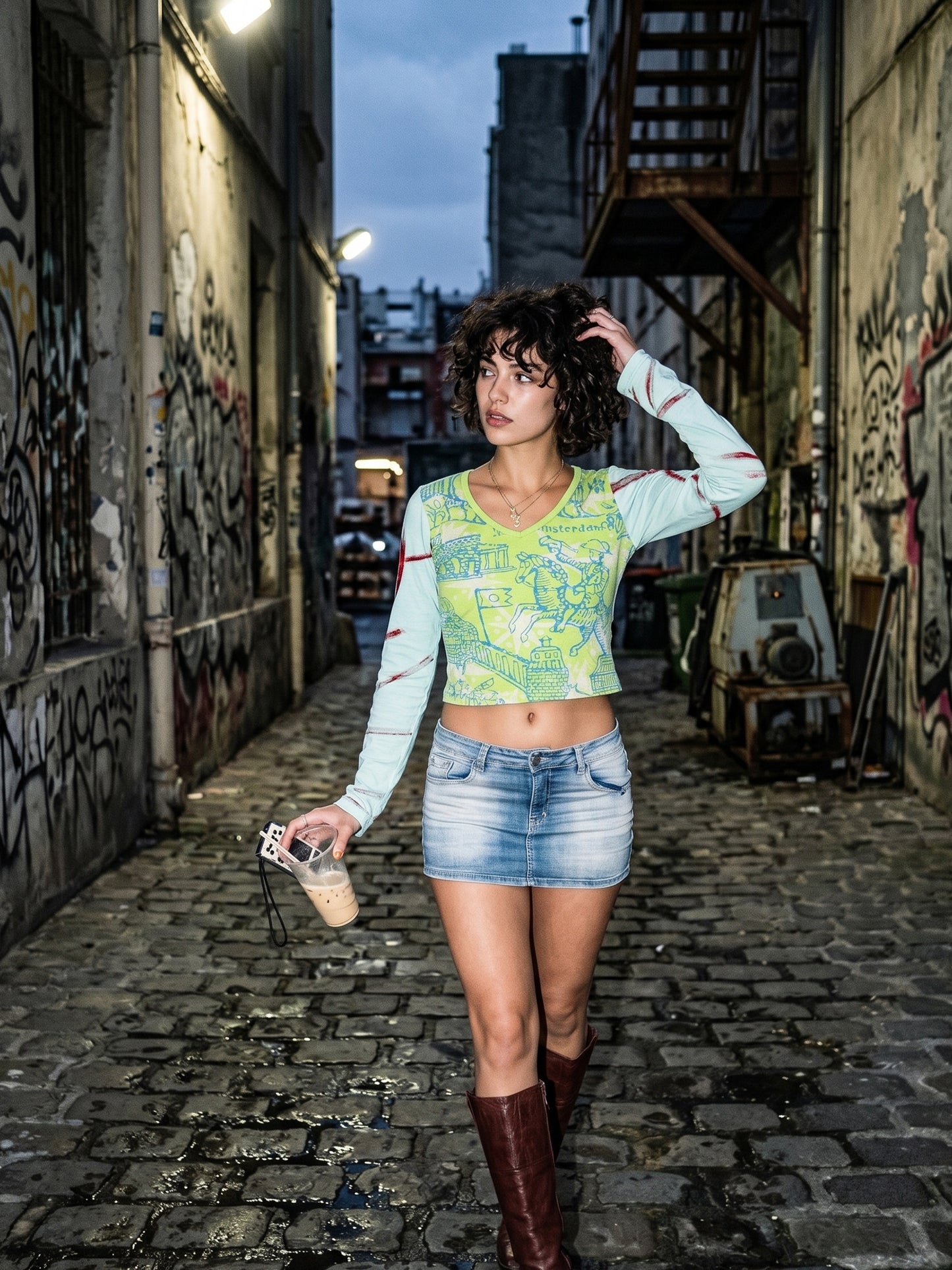 Custo Barcelona Archive "Amsterdam" Graphic Longsleeve - Neon Green / Light Blue