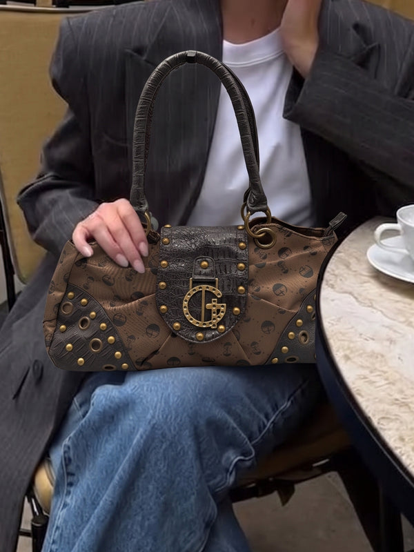 Gussaci Archive Monogram Studded Shoulder Bag - Brown Faux Croc & McBling