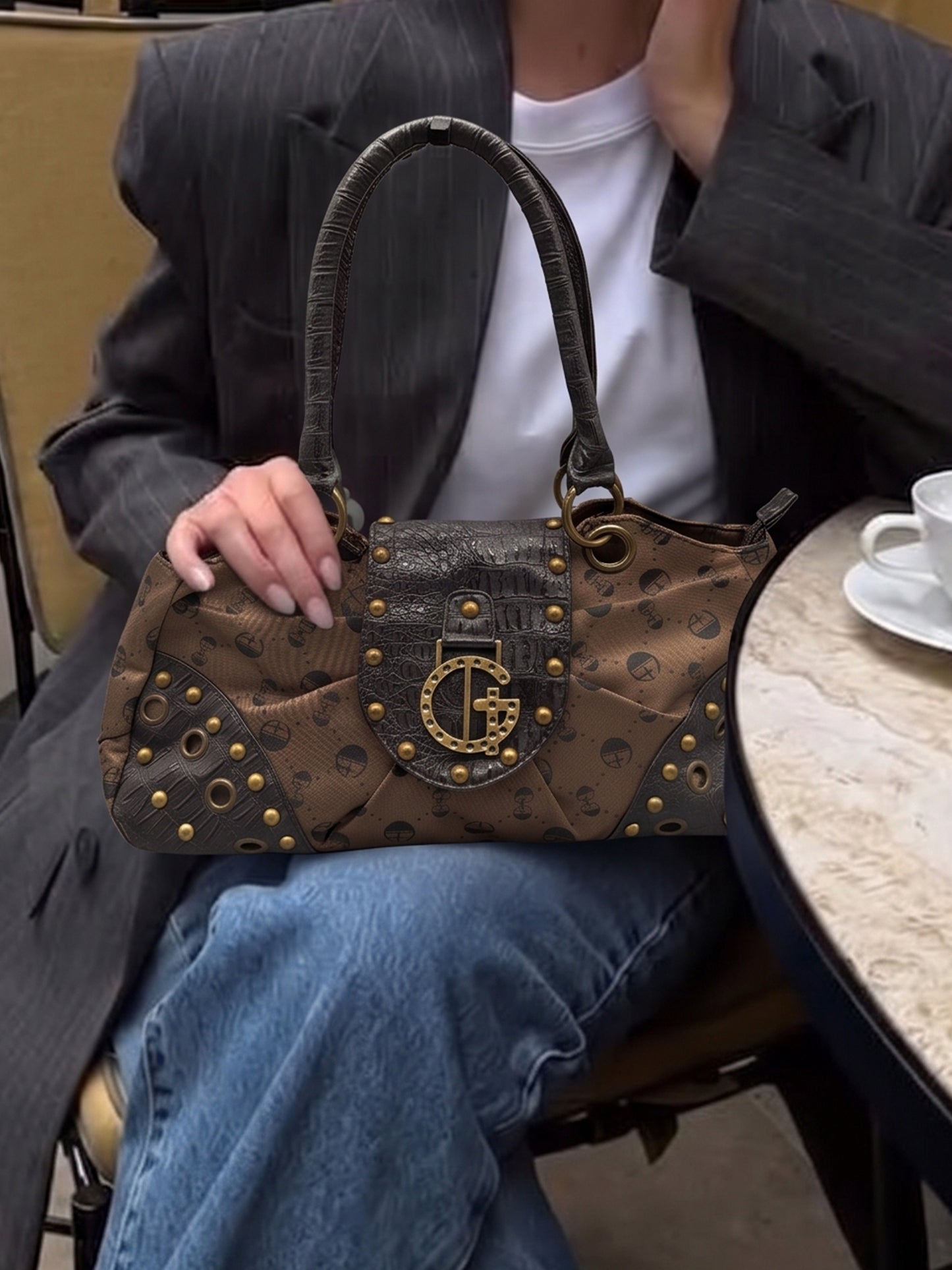 Gussaci Archive Monogram Studded Shoulder Bag - Brown Faux Croc & McBling
