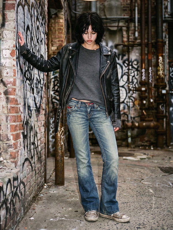 Rossa Miss Jeans "Rhinestone" Flare Denim - Sand Washed Blue