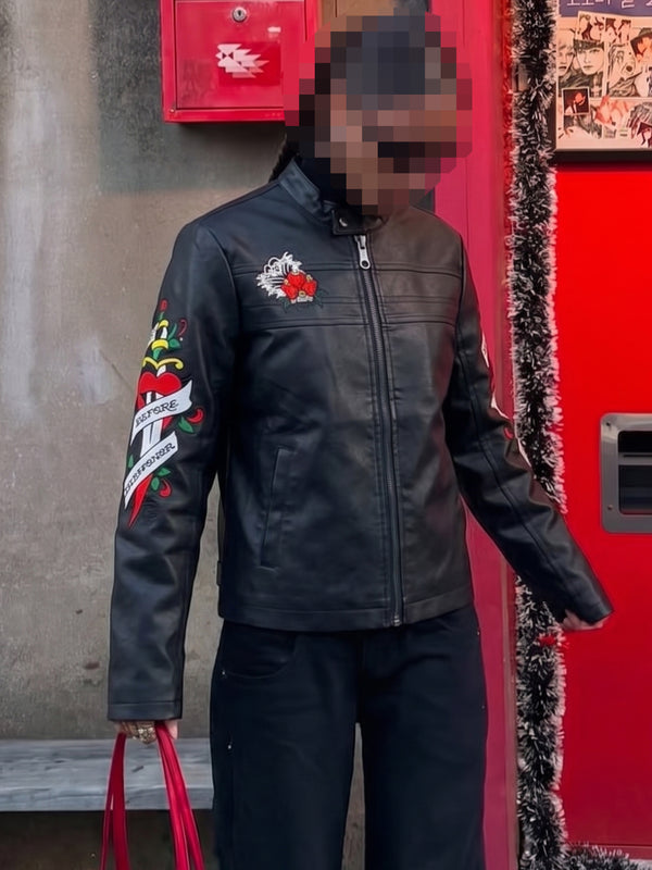 Ed Hardy Archive "Death or Glory" Embroidered PU Biker Jacket - Black
