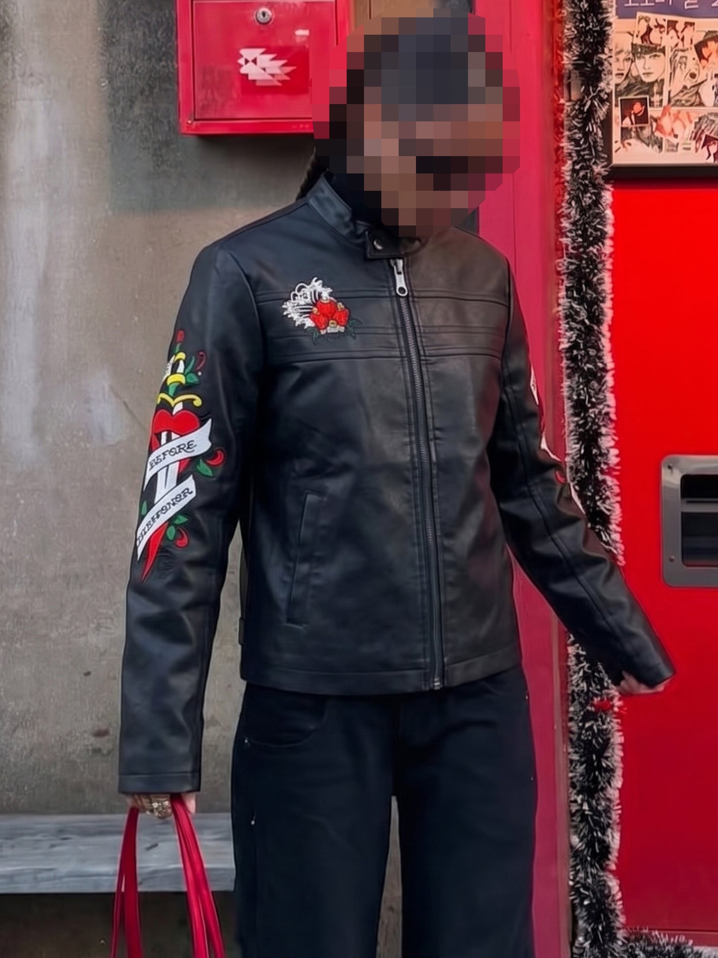 Ed Hardy Archive "Death or Glory" Embroidered PU Biker Jacket - Black