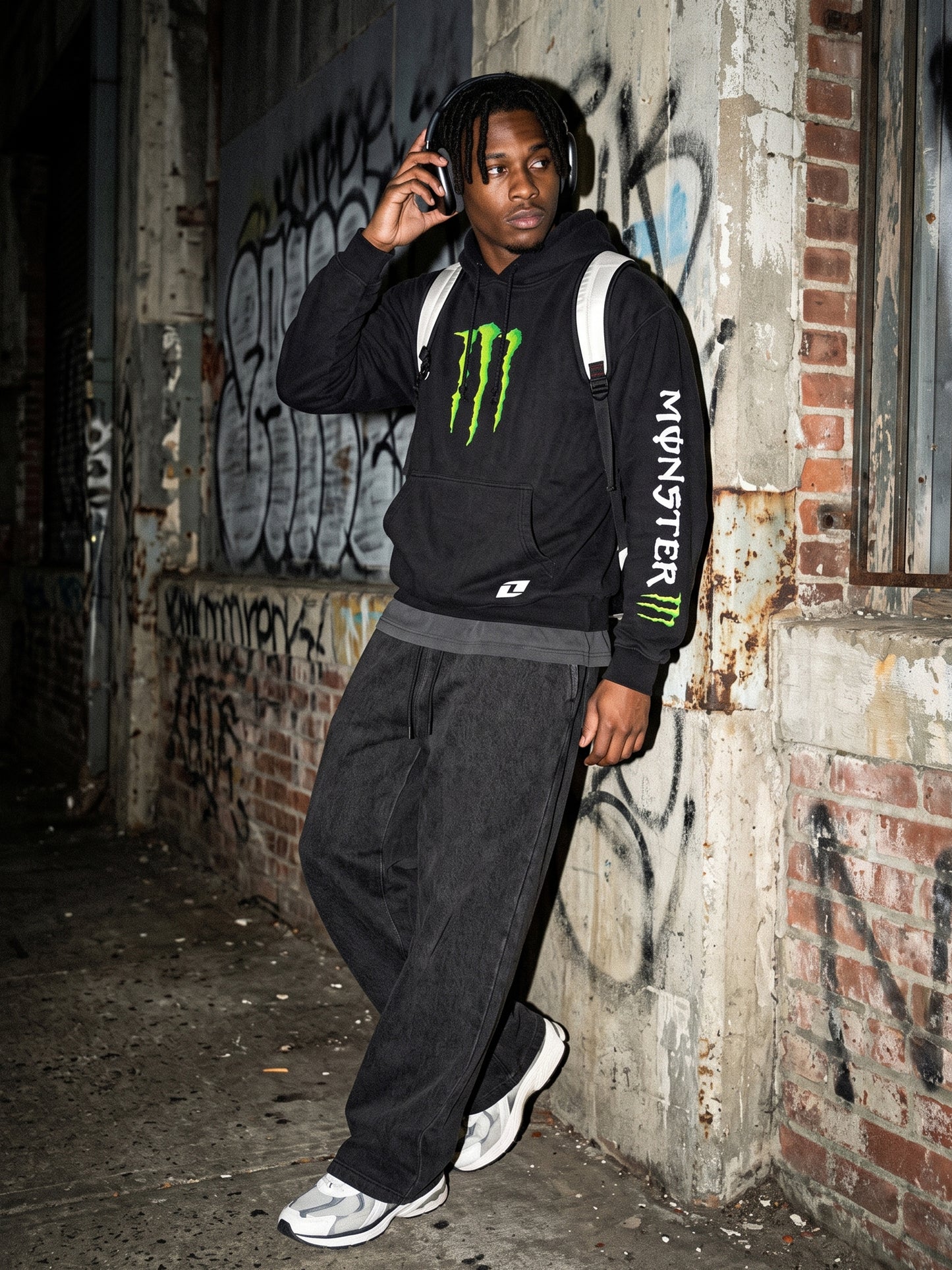 Vintage Monster Energy "Sleeve Print" Hoodie – Black / Cyber Green