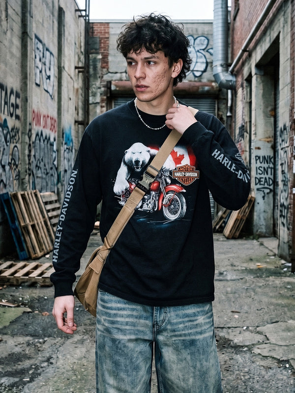 Harley-Davidson 2012 "Prince George Canada" Polar Bear Graphic Longsleeve - All Black / Biker Cyber Grunge