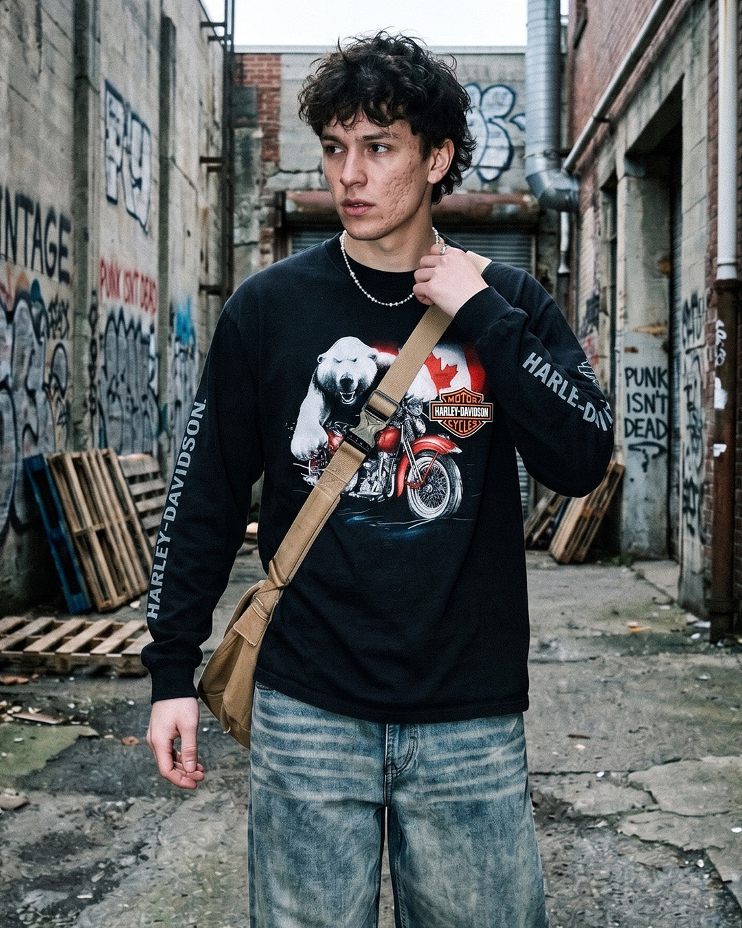 Harley-Davidson 2012 "Prince George Canada" Polar Bear Graphic Longsleeve - All Black / Biker Cyber Grunge