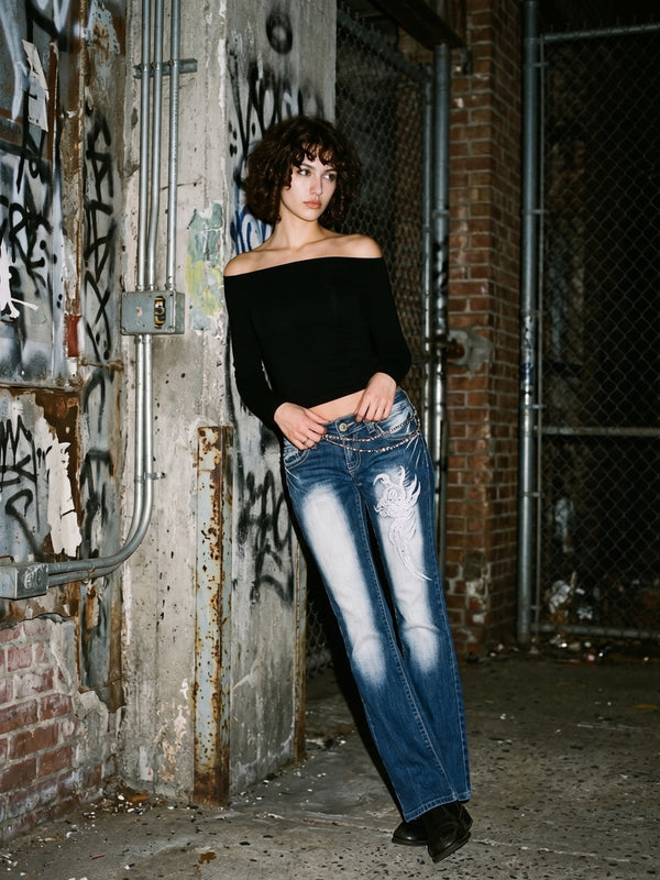 Y2K Crazy Jeans Dragon Embroidery Bleached Flared Denim - Blue & White