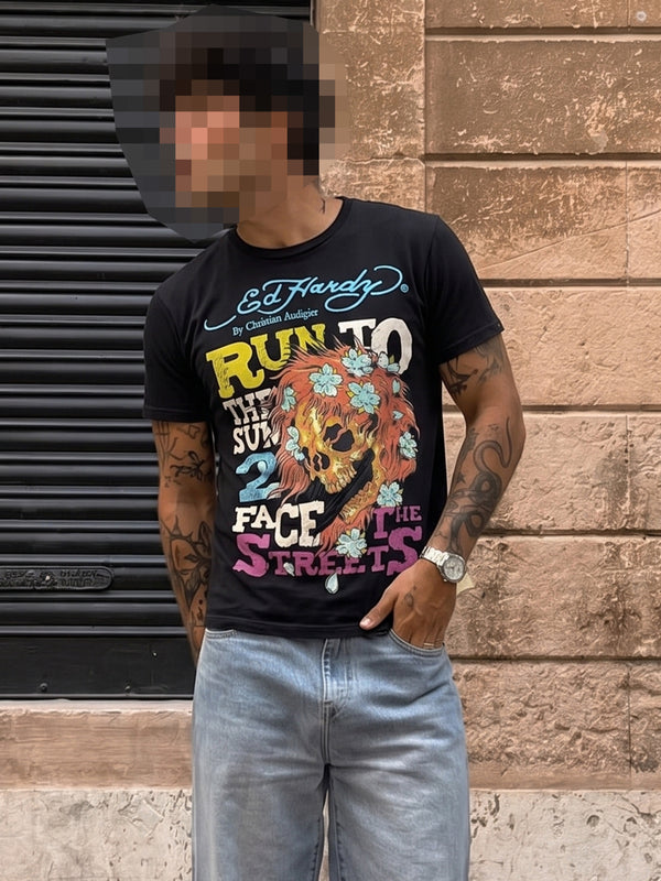 Ed Hardy By Christian Audigier Archive "2 Face The Streets" Flaming Skull T-Shirt - Black