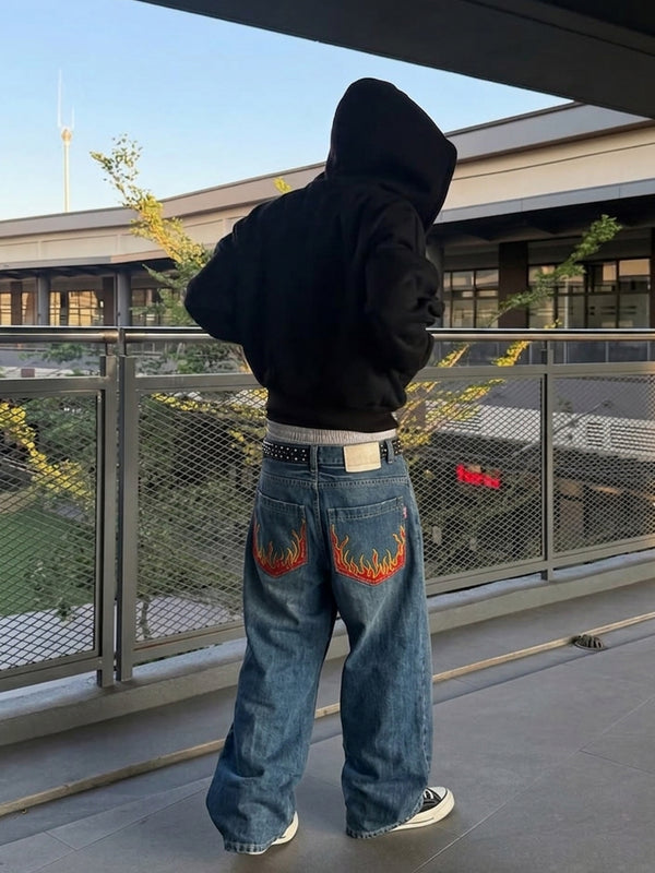 Dermson "Blaze" Embroidered Wide Leg Jeans - Cyber Y2K Flame Denim