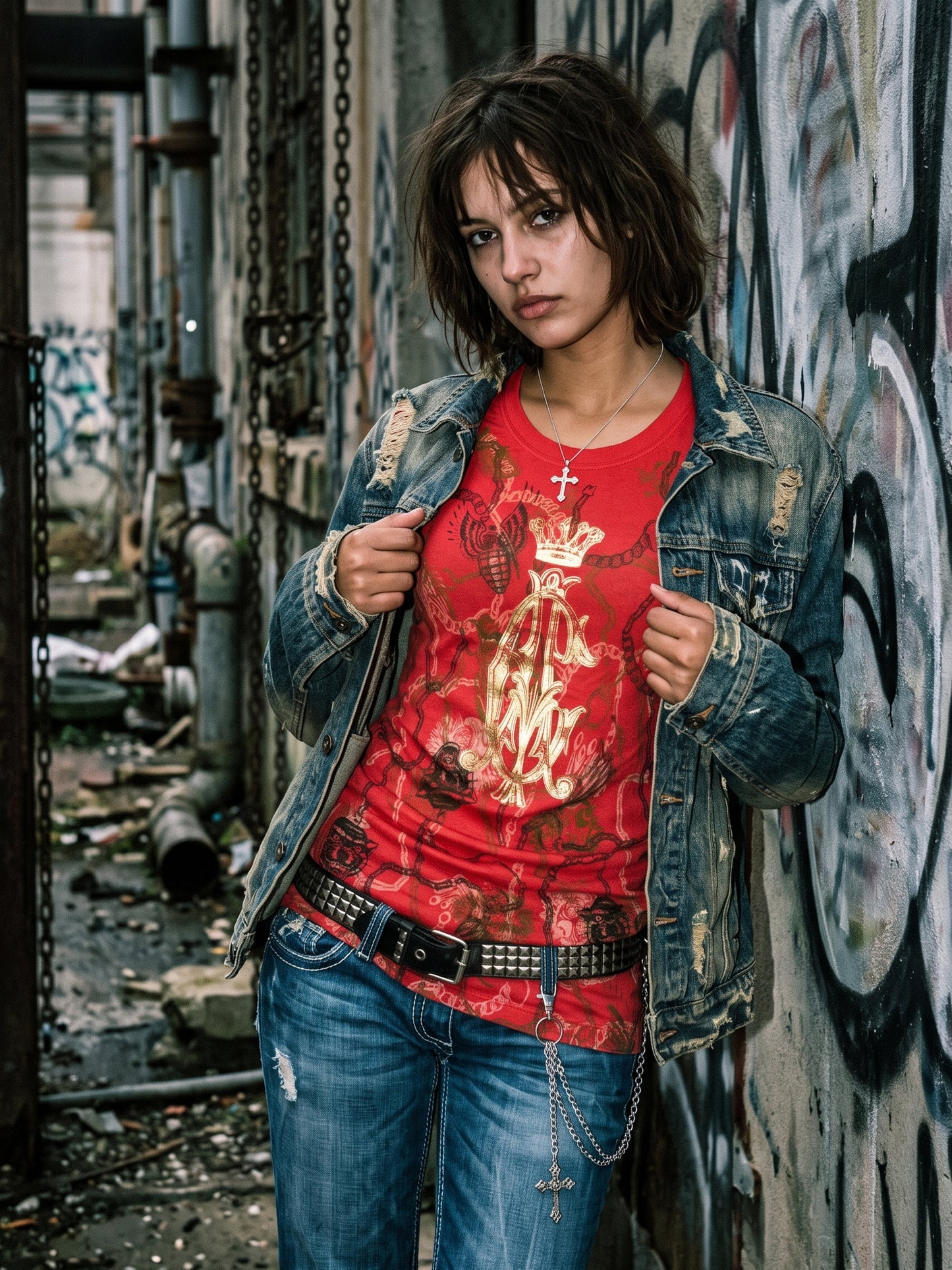 Christian Audigier Archive "Crown & Panther" Graphic Mini Dress / Longshirt - Red / Gold