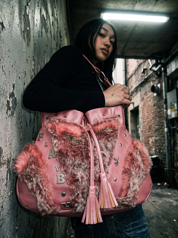 Playboy Y2K Fur Trim Shoulder Bag - Pink Coquette