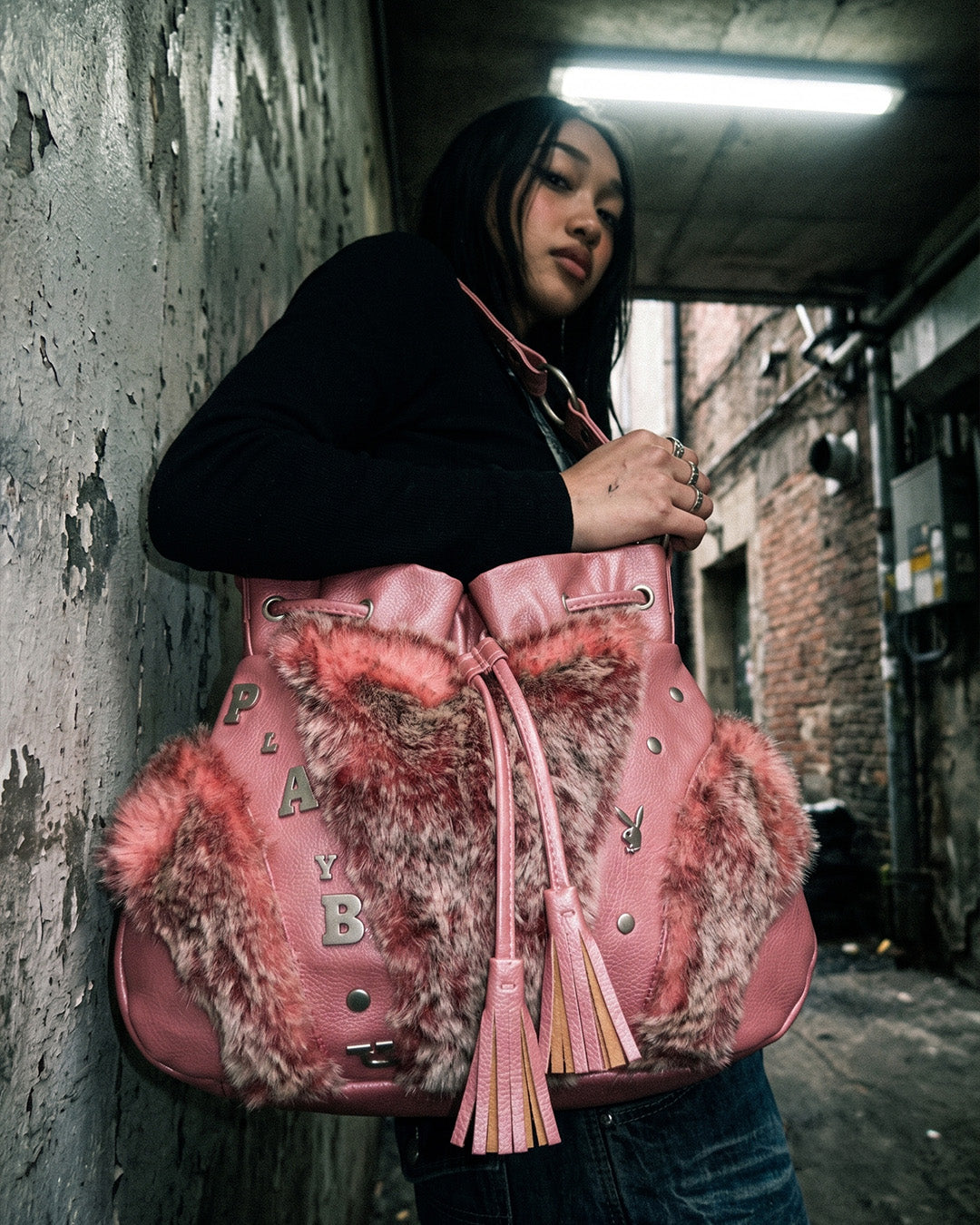 Playboy Y2K Fur Trim Shoulder Bag - Pink Coquette