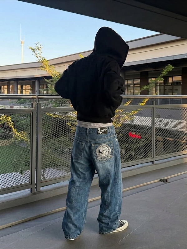 Oniarai "Oni Spirit" Heavy Embroidery Japan Denim – Mid Blue Baggy Y2K Cyber Streetwear