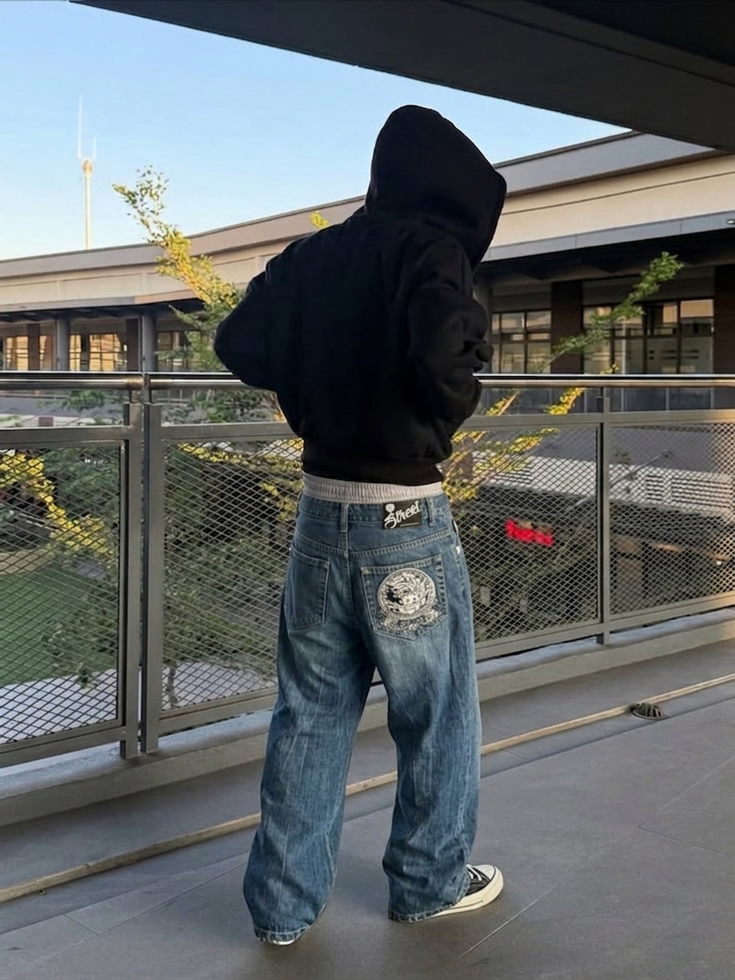 Oniarai "Oni Spirit" Heavy Embroidery Japan Denim – Mid Blue Baggy Y2K Cyber Streetwear