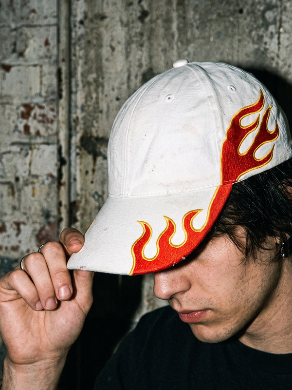 Y2K Flame Embroidered Racing Cap – White / Red
