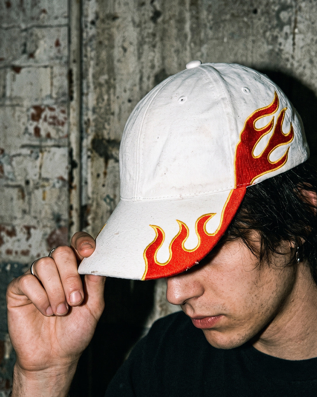 Y2K Flame Embroidered Racing Cap – White / Red