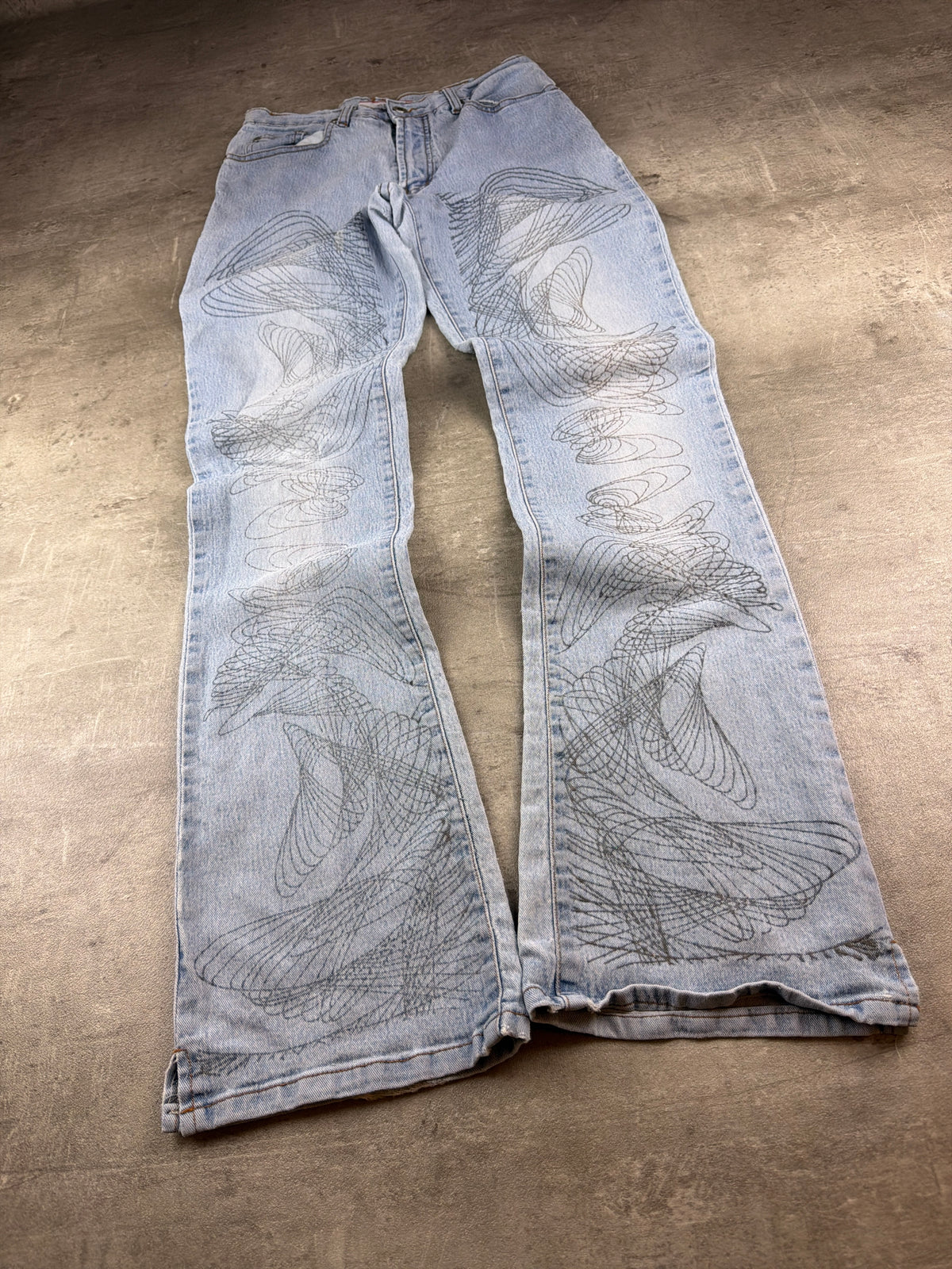 Full Power Y2K Spirograph Print Flared Denim - Light Blue Washed - Past Pieces