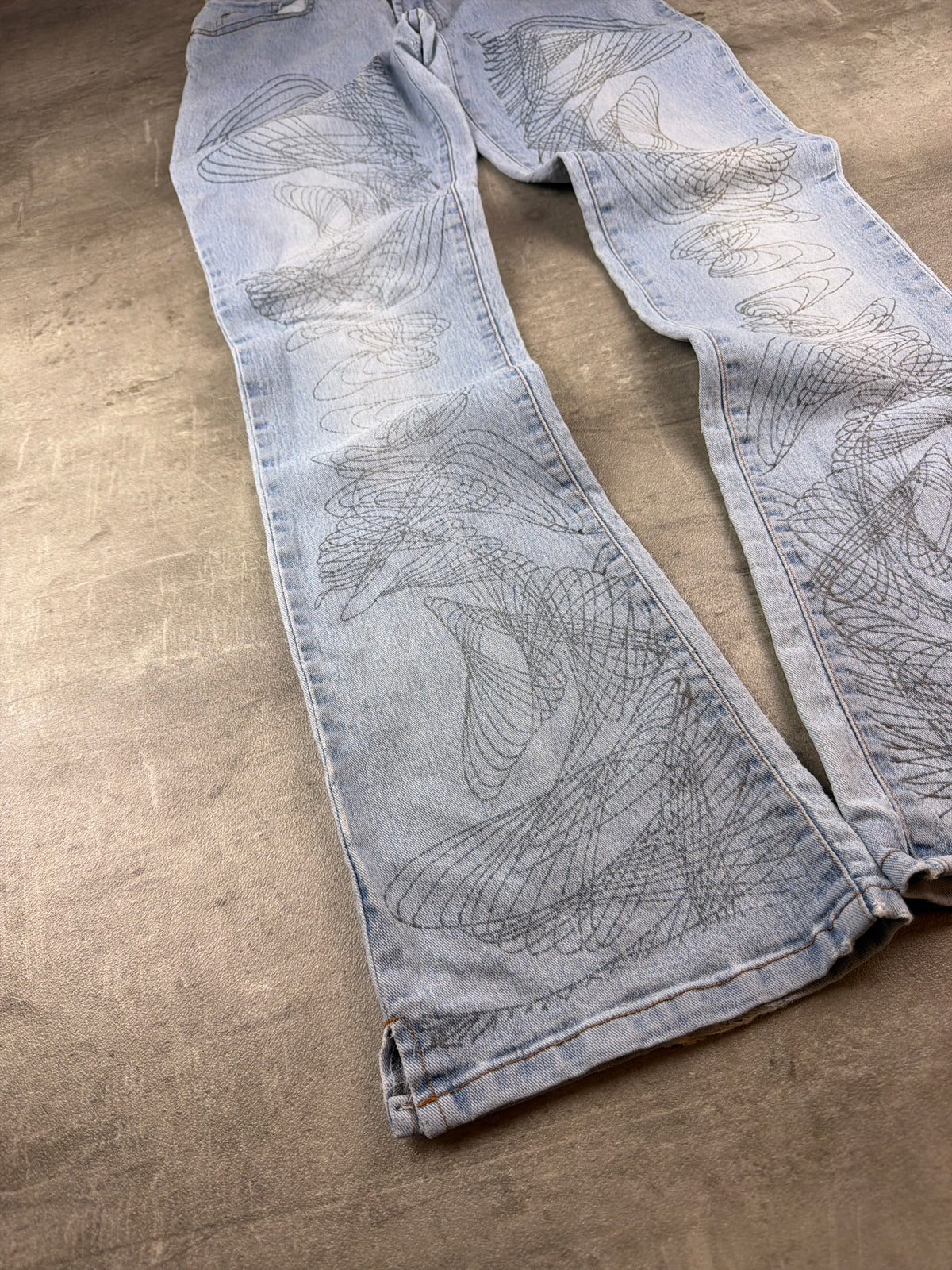 Full Power Y2K Spirograph Print Flared Denim - Light Blue Washed - Past Pieces