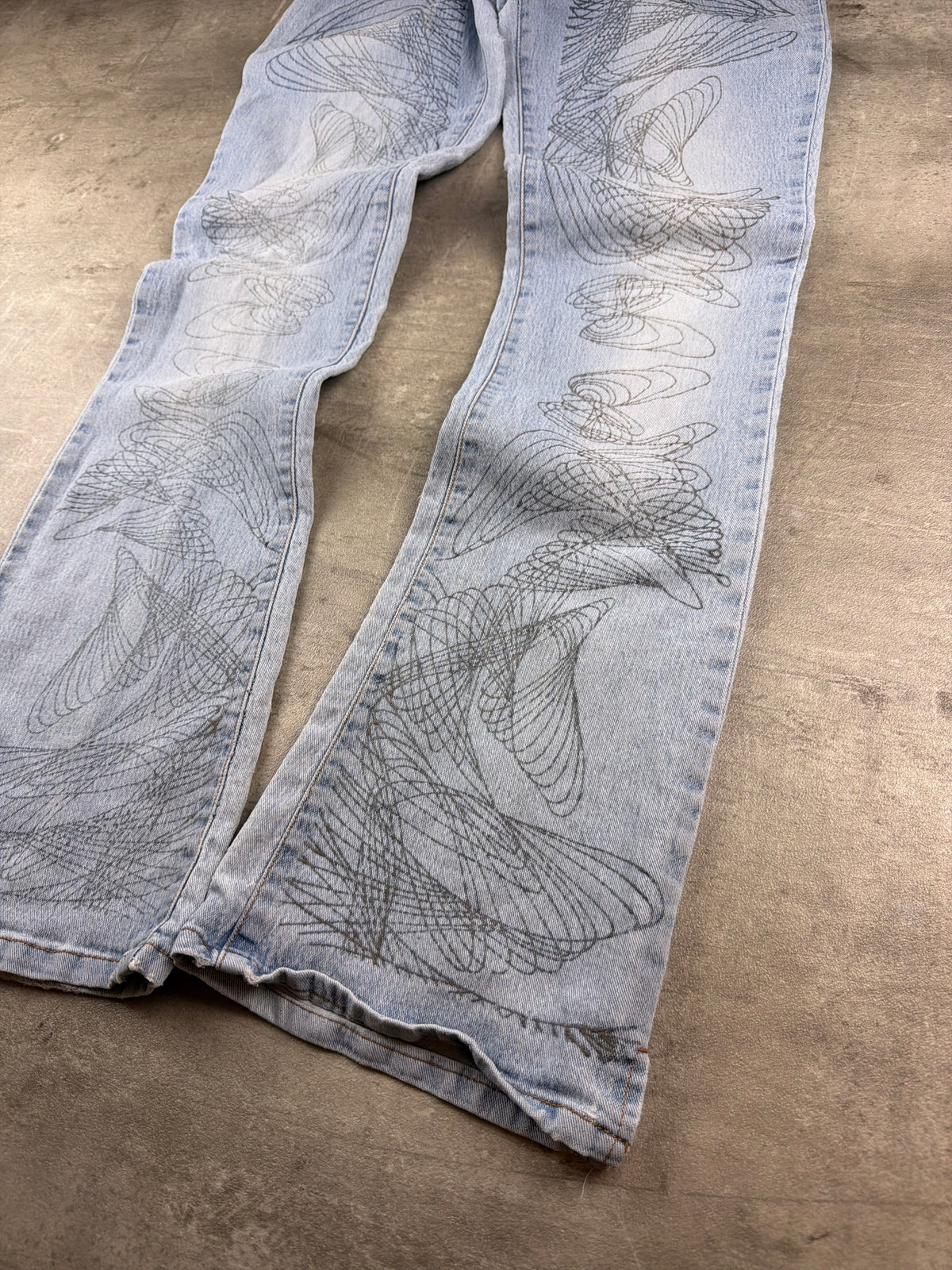 Full Power Y2K Spirograph Print Flared Denim - Light Blue Washed - Past Pieces