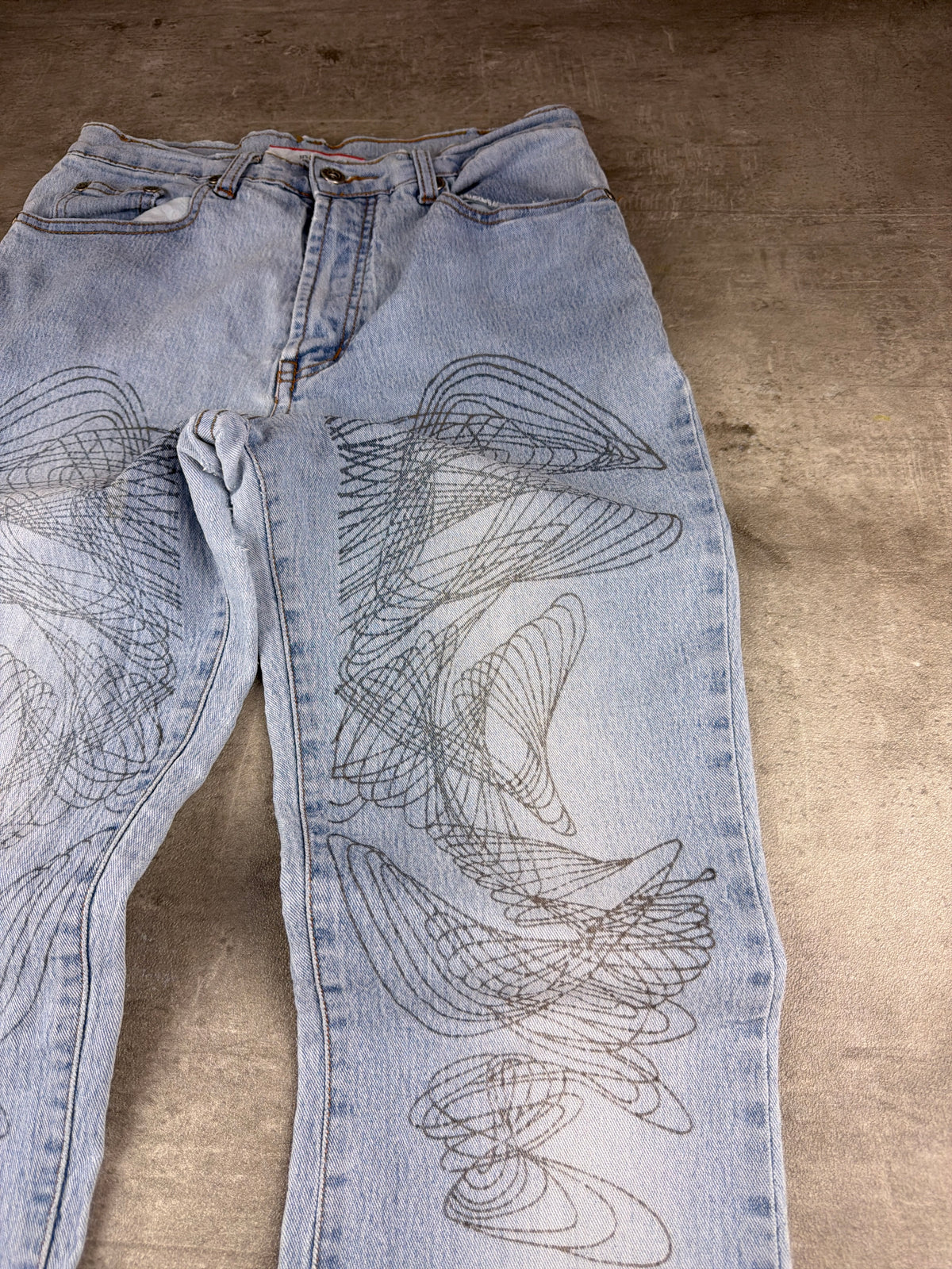 Full Power Y2K Spirograph Print Flared Denim - Light Blue Washed - Past Pieces