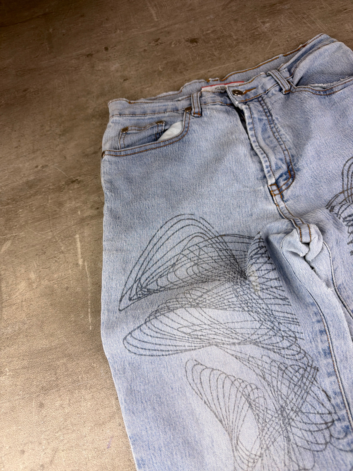 Full Power Y2K Spirograph Print Flared Denim - Light Blue Washed - Past Pieces