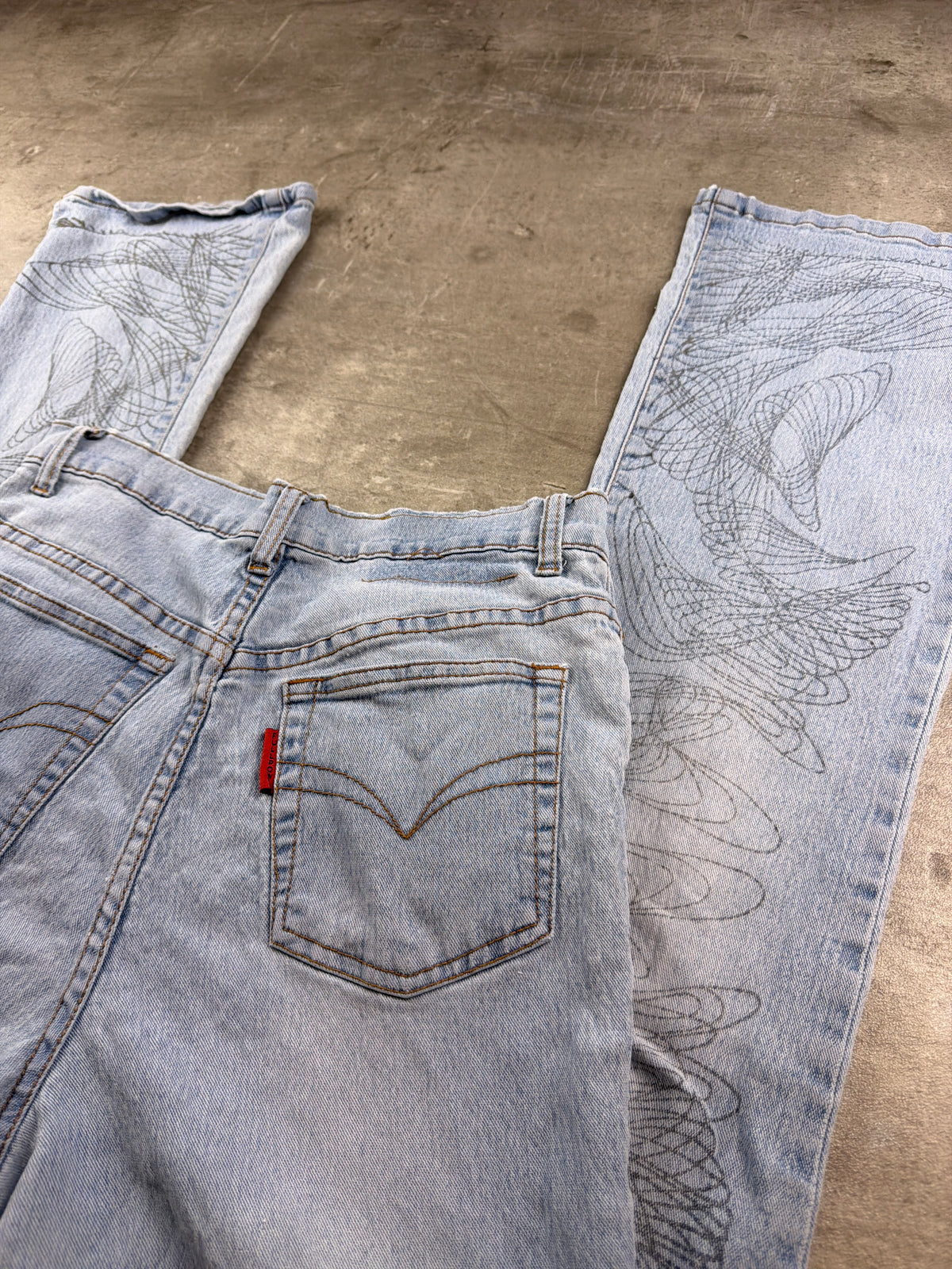 Full Power Y2K Spirograph Print Flared Denim - Light Blue Washed - Past Pieces