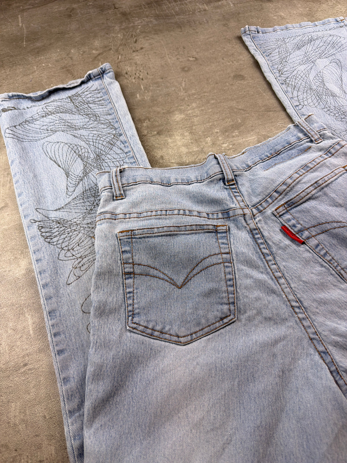 Full Power Y2K Spirograph Print Flared Denim - Light Blue Washed - Past Pieces