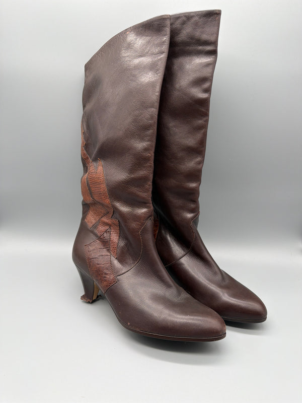 Gabor International Vintage 80s Leather Western Boots - Brown / Cognac Snake Patchwork