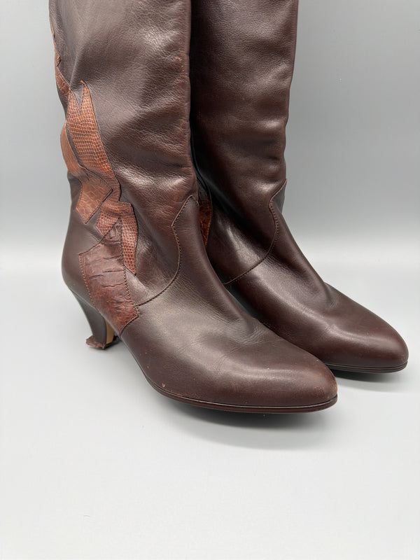 Gabor International Vintage 80s Leather Western Boots - Brown / Cognac Snake Patchwork
