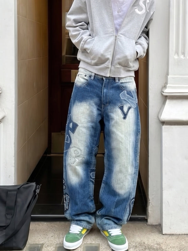 Hood Boyz "NYC Patch" Baggy Denim - Washed Blue Patchwork Y2K