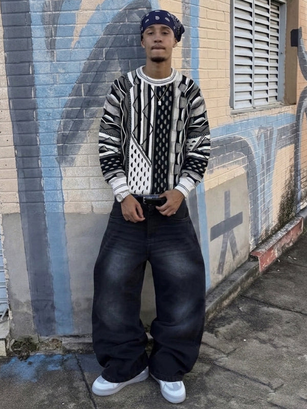 Cascallo Retro Textured Coogi-Style Knitwear - Black & White Abstract Geometric