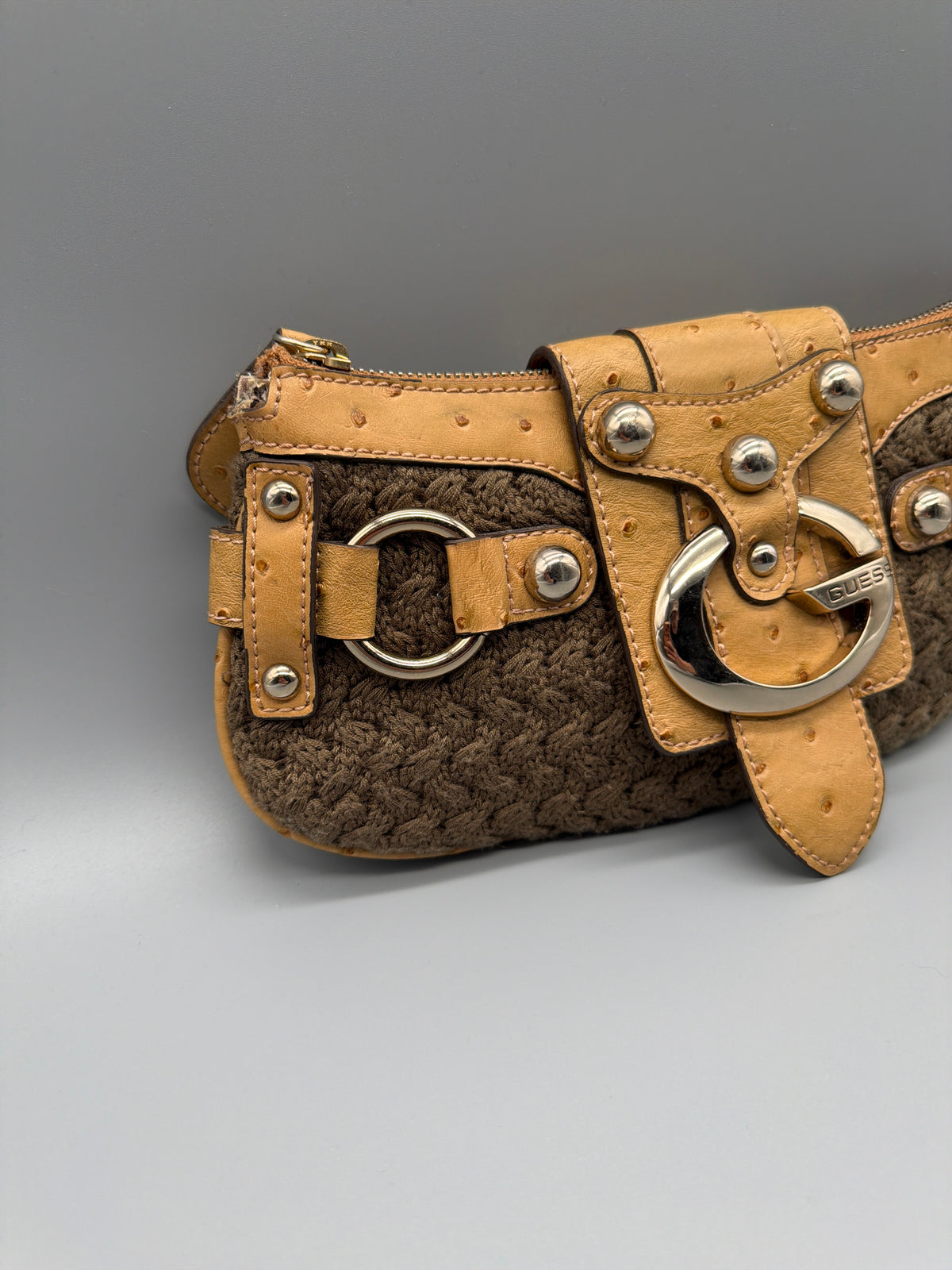 Guess Y2K Crochet Knit Ostrich Print Baguette Bag - Brown / Tan - Past Pieces