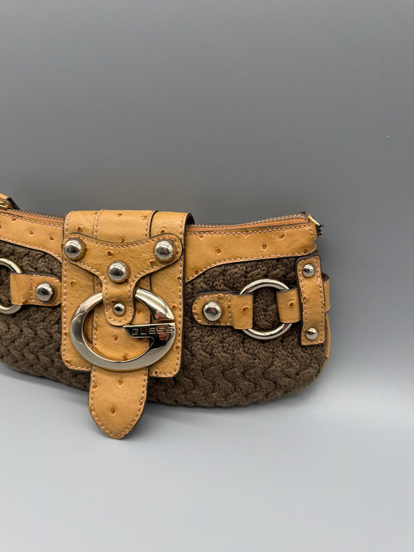 Guess Y2K Crochet Knit Ostrich Print Baguette Bag - Brown / Tan