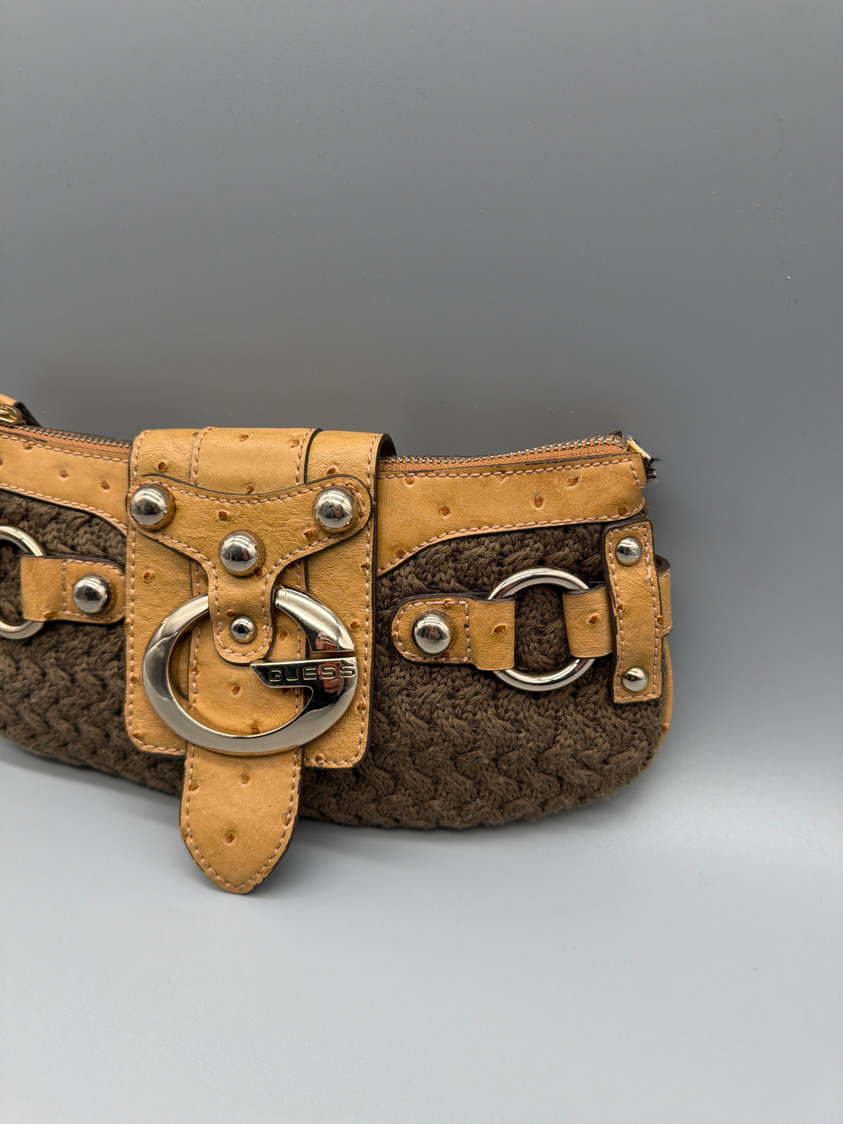 Guess Y2K Crochet Knit Ostrich Print Baguette Bag - Brown / Tan - Past Pieces
