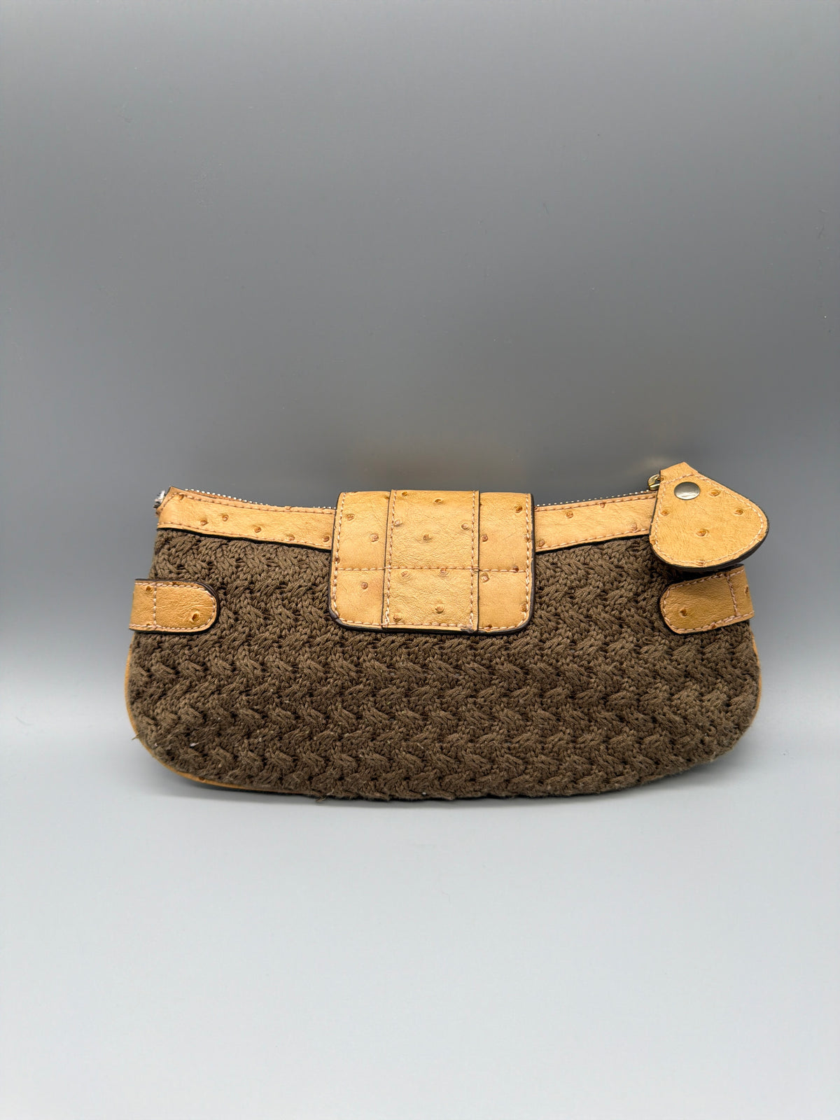 Guess Y2K Crochet Knit Ostrich Print Baguette Bag - Brown / Tan - Past Pieces