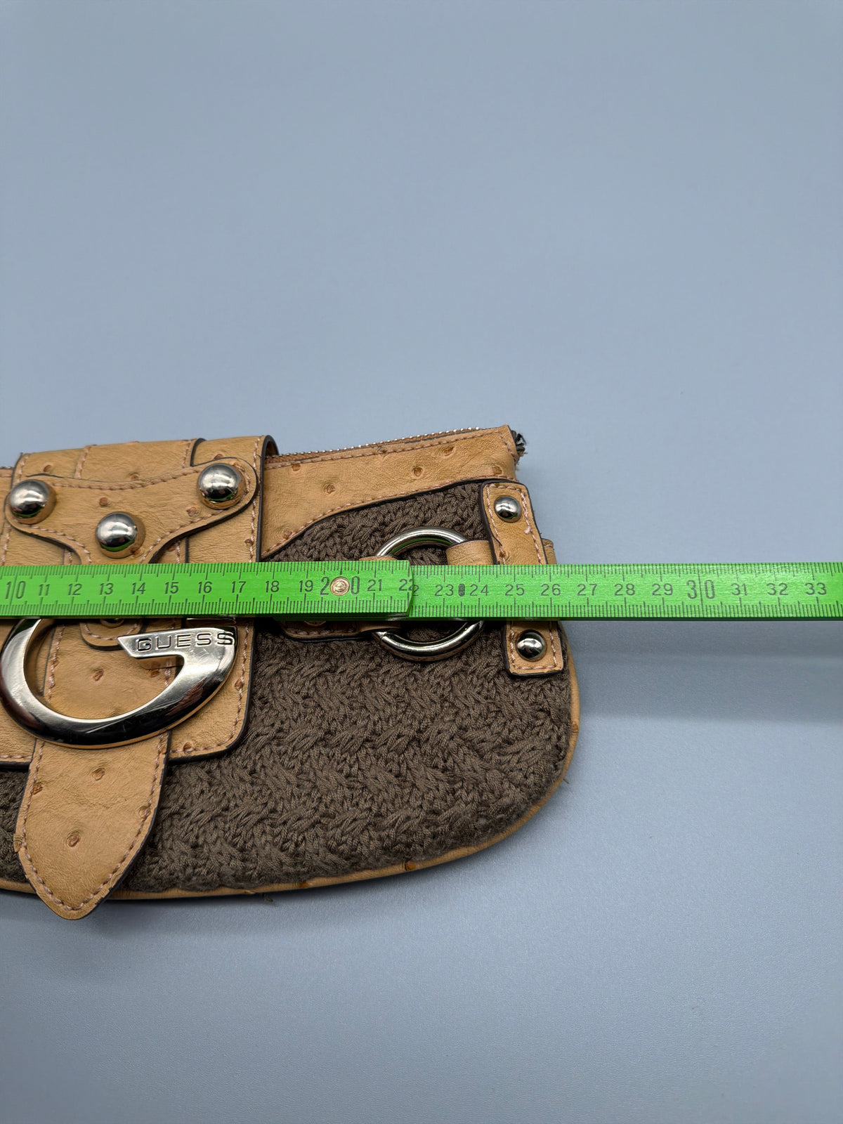Guess Y2K Crochet Knit Ostrich Print Baguette Bag - Brown / Tan - Past Pieces